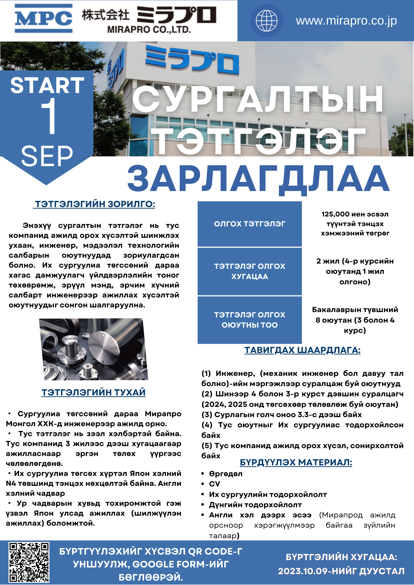 Мирапро Монгол ХХК-ний сургалтын тэтгэлэг зарлагдлаа.